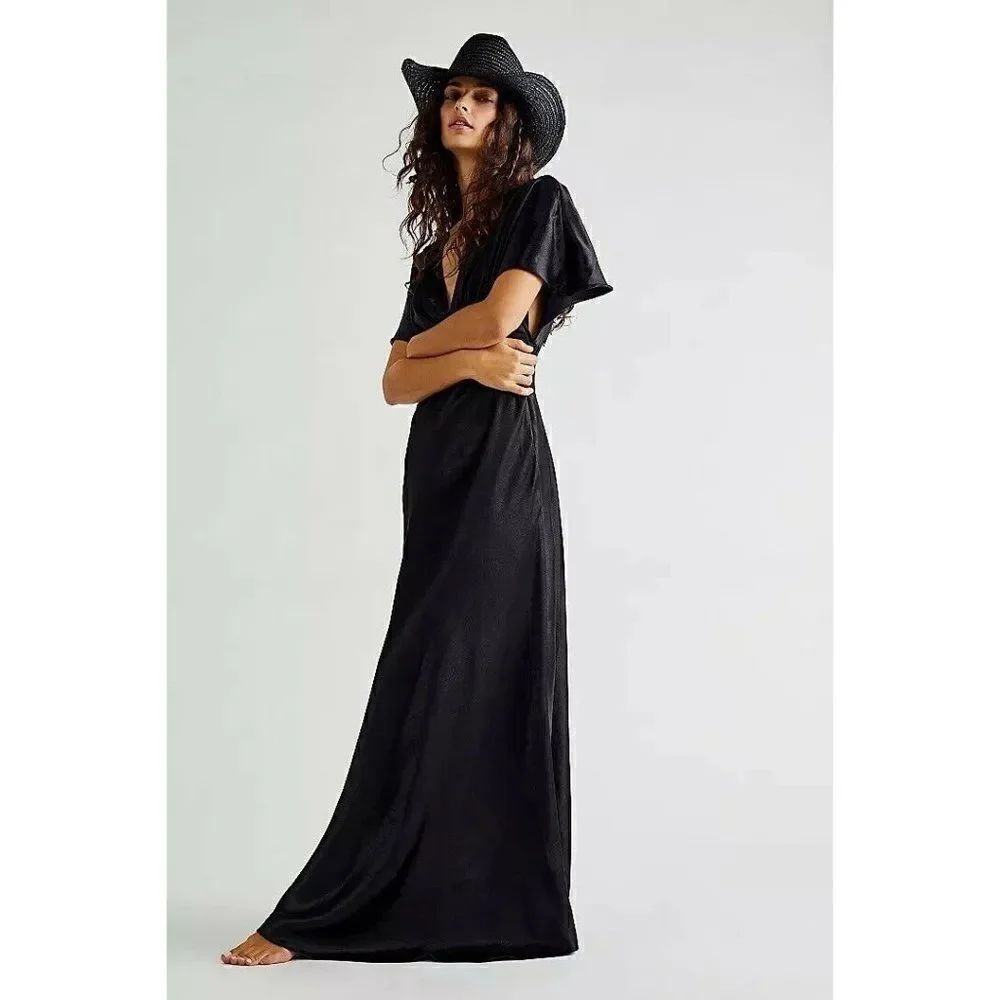 NEW FREE PEOPLE BEATRICE SATIN PLUNGE MAXI DRESS GOWN IN BLACK